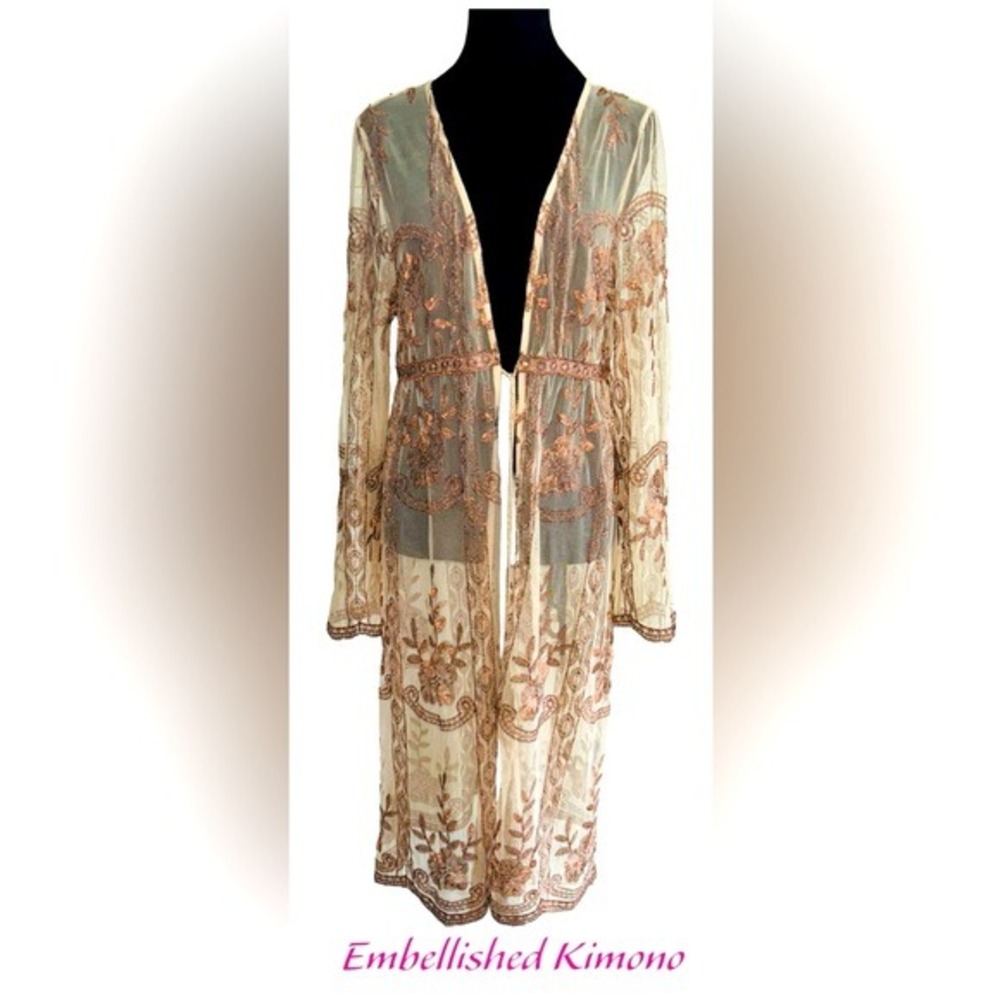 Romantic Boho Floral Embroidered Festival Mesh Ethereal Maxi‎ Kimono Duster